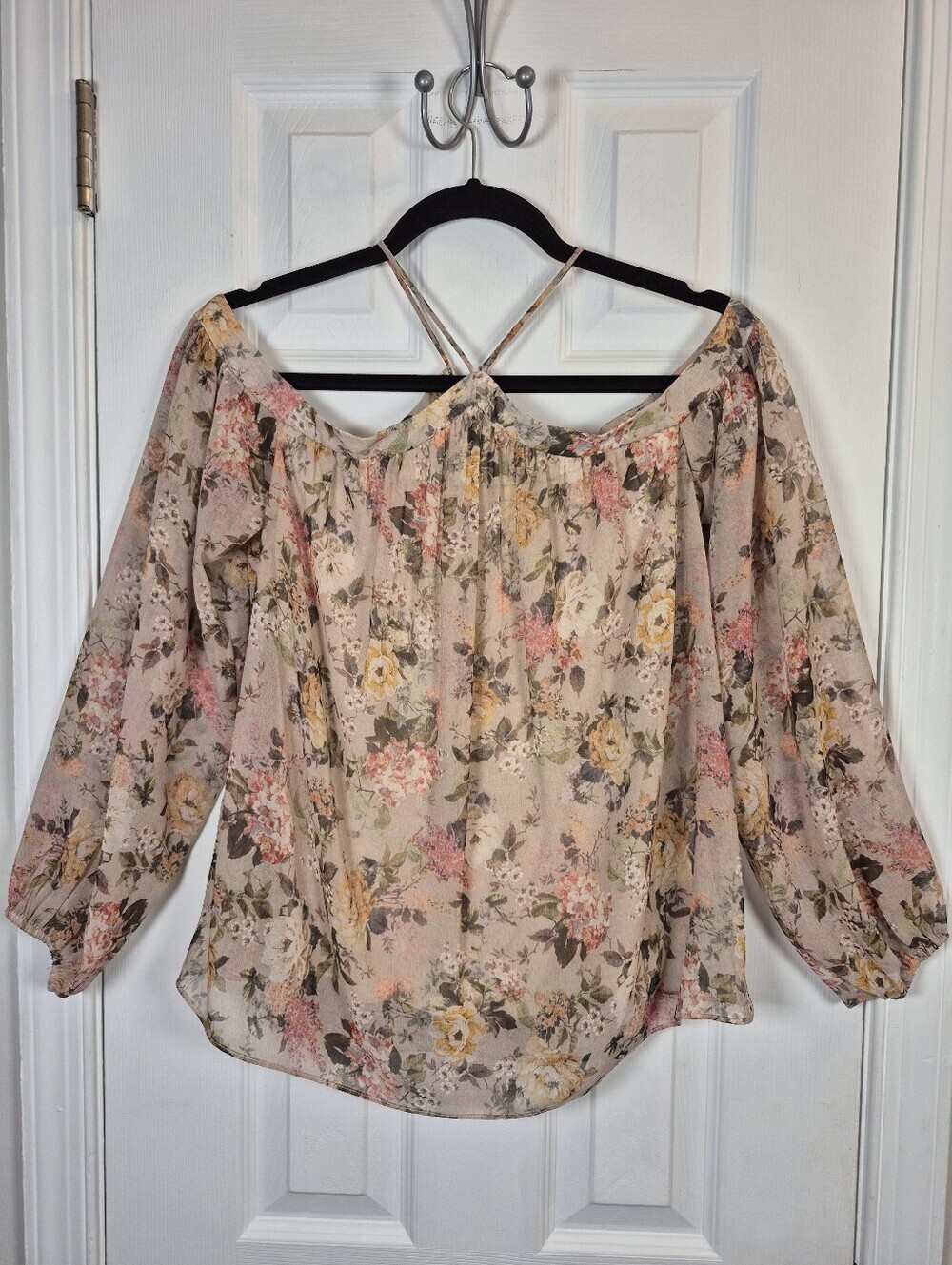 Whimsigoth Romantic Floral Sheer Balloon Sleeve Cold Shoulder Blouse S